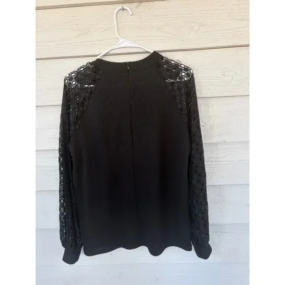 MiHOLL Black Waffle Knit Top with Lace Sheer Sleeves Size Large - Picture 6 of 6